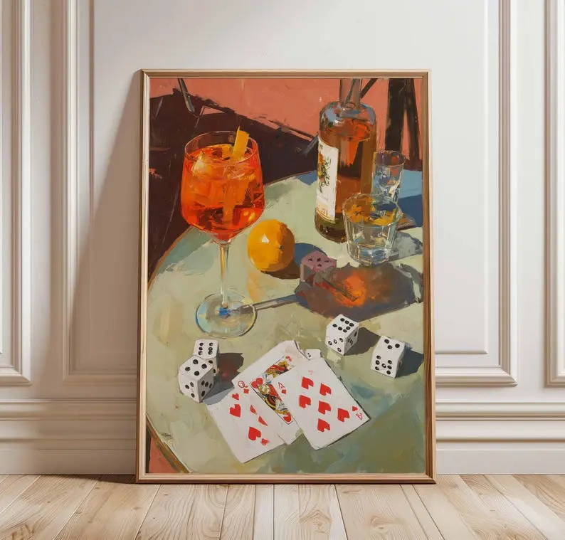Cocktail Dice & playing Cards Wall Art, Retro Bar Poster with Aperol Drink
