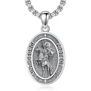 MEIDERBO Dream Chaser St George Necklace for Men 925 Sterling Silver Oxidized Finish Protector Pendant Captain Steel Style Stainless Steel O Chain Adjustable