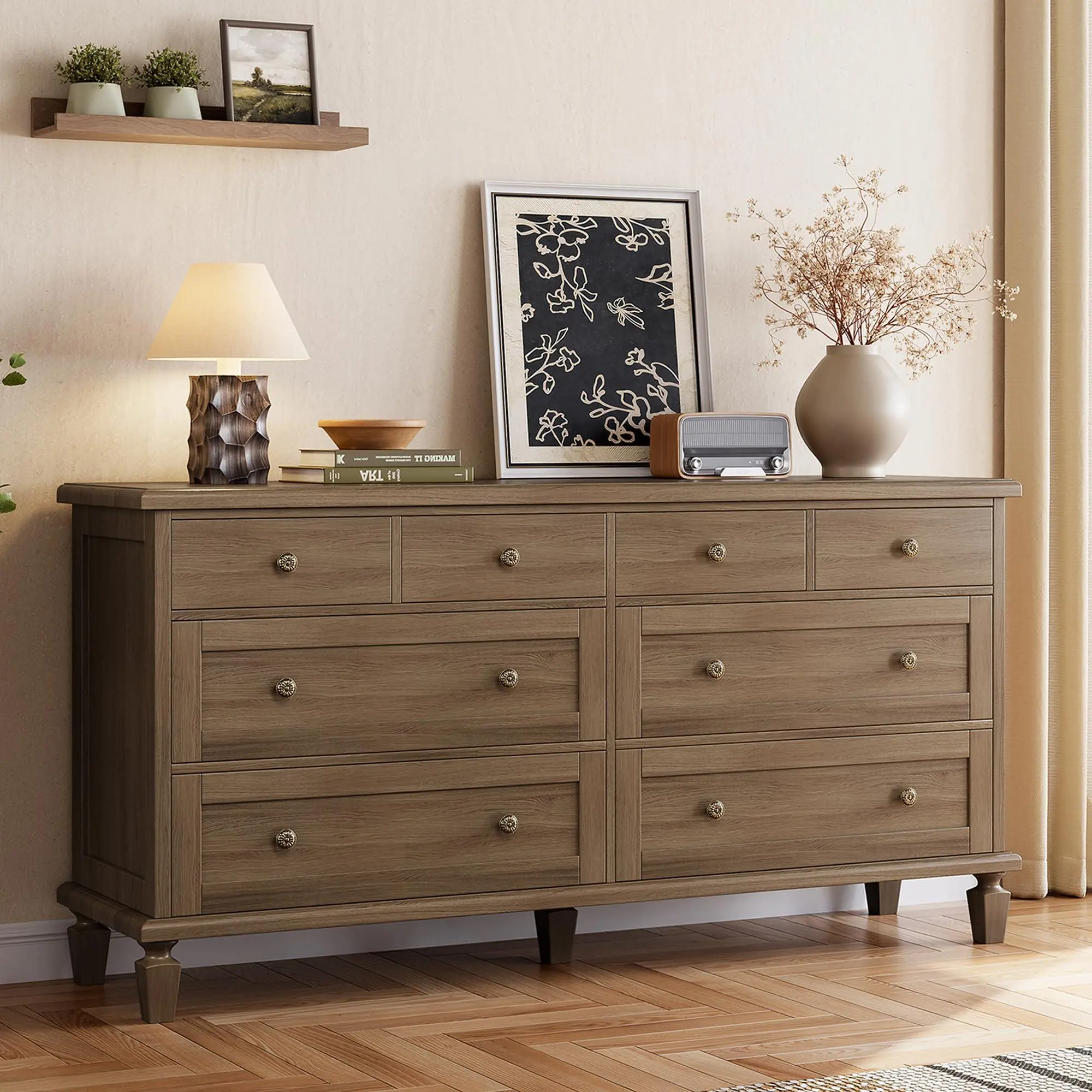 59" Wide Vintage Wood Drawers Dresser - 8 Drawers, Carved Handles, Tapered Legs for Bedroom, Multi-Functional TV Stand
