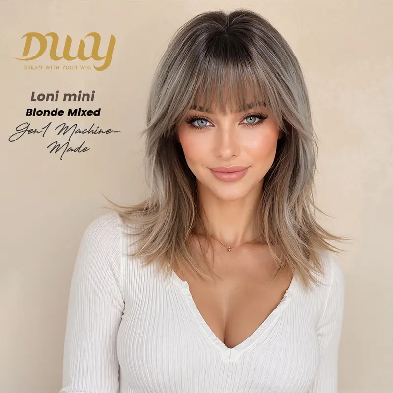 Loni Mini-DWY Women's 12-16 Inches Short Layer-Cut Glueless Synthetic Full Machine Wig with Bangs, Premium Fiber, Easy Wear, Comfortable Fit, Blonde Color, Hair Transitions