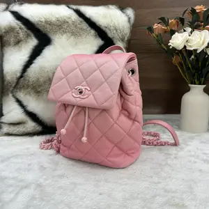 Pre-owned CHANEL 24C (Chip Enabled) Graduated Sakura Pink Caviar Leather Quilted Drawstring Chain Backpack 866