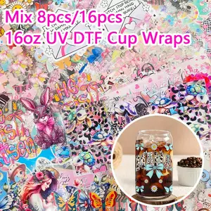 8pcs/16pcs Mixed Double-Sided UV DTF Cup Wraps, Waterproof Creative UV DTF Cup Wraps for 16 Oz, Suitable for Water Cups, Bottles, DIY Crafts Decal Sticker Sticker Packs