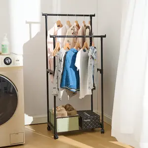 BePatio Double Rod Clothing Garment Rack,Rolling Hanging Clothes Rack with 360° Wheels – Metal Clothes Rack and Shoe Organizer for Bedroom,Living Room,Clothing Store