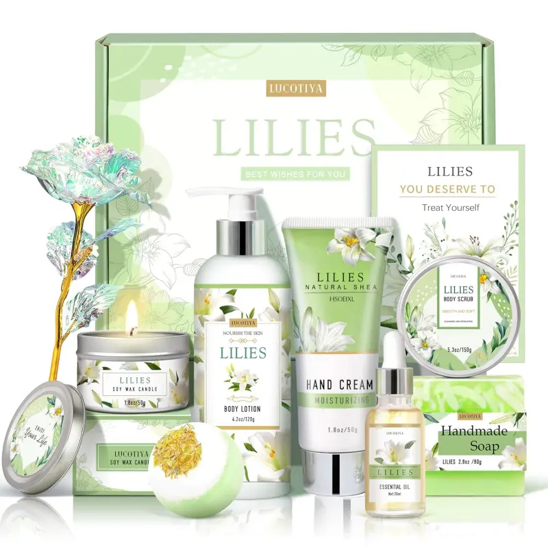 Luxury Scented Aroma Calming Lilies Silky Smooth Shea Lotion Cosmetic Body Care Self-Care Set - Festive Relaxing Spa Basket for Women, Ideal for Birthday, Christmas Gifting, Flowers