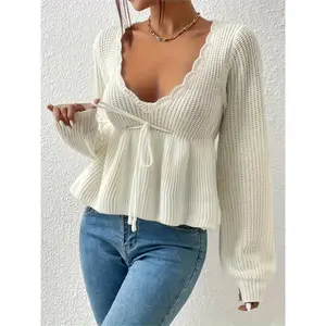 Scallop Trim Plunge Neck Sweater, Elegant Long Lantern Sleeve Drawstring Waist Flare Sweater For Fall & Winter, Women's Clothing Collar Fabric Tops Black