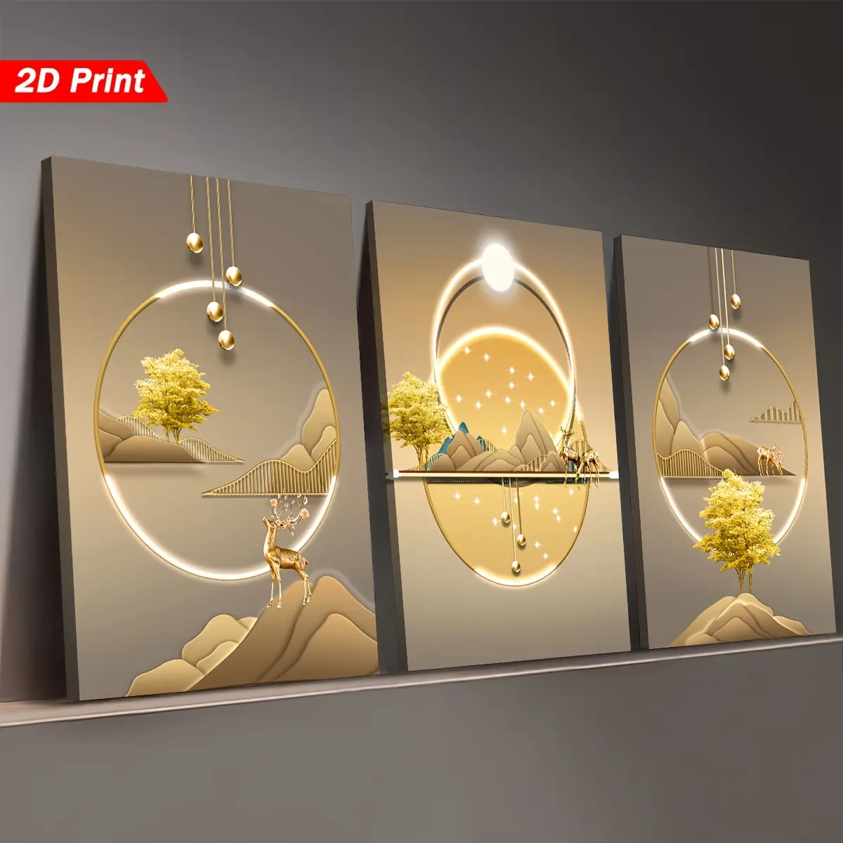 3-Piece Golden Landscape Scene Pine Wood Frame Wall Art, Modern Home Decor for Living Room & Bedroom, Poster Print Gift Ornament, Three Pieces