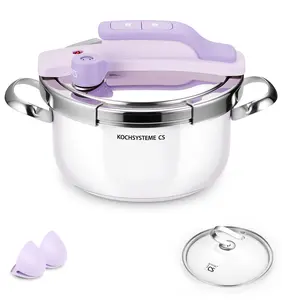 KOCH SYSTEME CS Pressure Cooker Stainless Steel 3 Litre, 2-in-1 Stainless Steel Pressure Cooker, One-Hand Locking, 3 PSI Settings, Induction Compatible, Includes Glass Lid, Purple