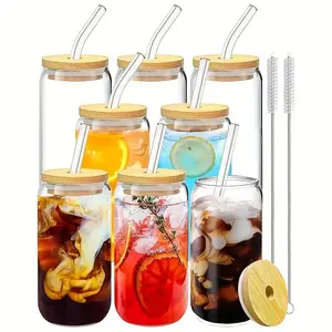 Glasses with Bamboo Lids And Glass Straws - Can Shaped Drink Cups, 16oz. Iced Coffee Cups, Cute Non-tipping Cups for Smoothies, Boba Tea, Juices, Water