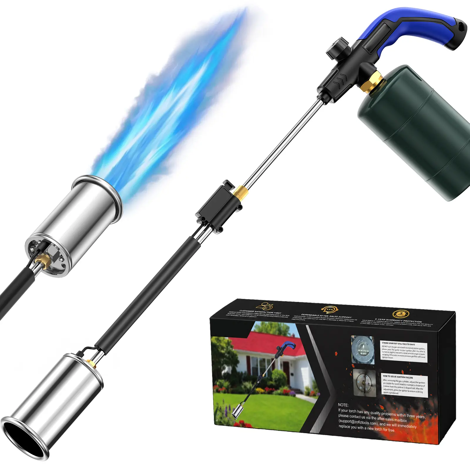 Propane Torch Weed Burner 30" Rubber Ergonomic Handle Heavy Duty Weed Torch Flamethrower Blow Torch For Weeding, Fire Starting, Wood DIY(PROPANE TANK NOT INCLUDED)