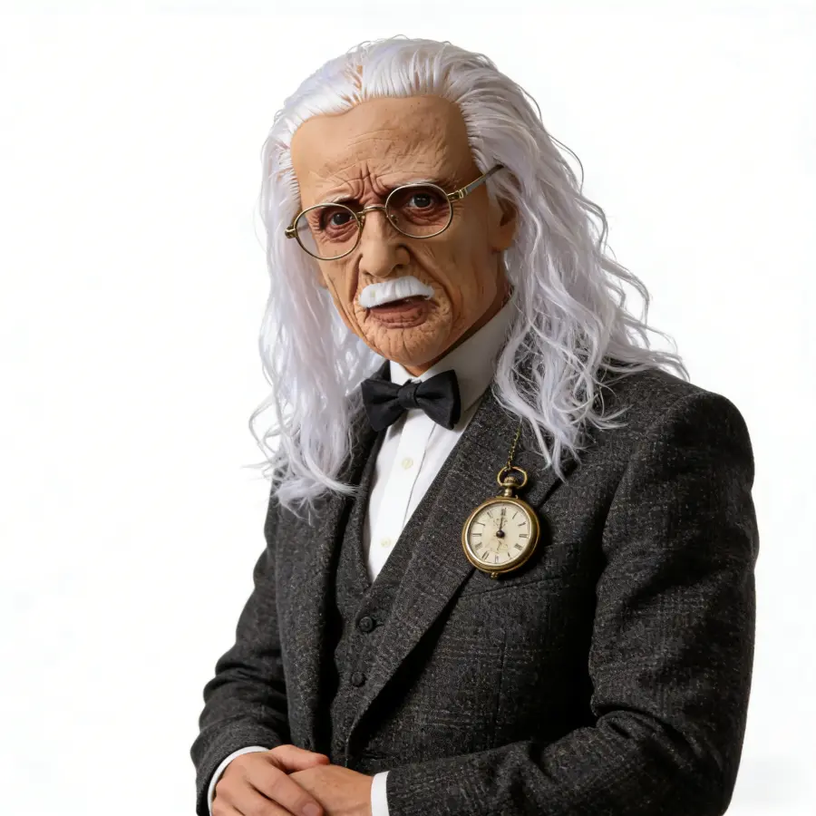 Photorealistic Comical Latex Old Man Mask - Warm Skin Tone, Deep Wrinkles, White Mustache, Long Fluffy Silver Hair, Wise Deep-Set Eyes, Comfortable - Ideal for Halloween Scholar Cosplay, Gifts, Comedy Masks, Collectibles, Party Accessories