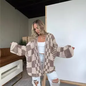 Women'SCasualPlaidMid-LengthCardiganKnitSweaterJacket