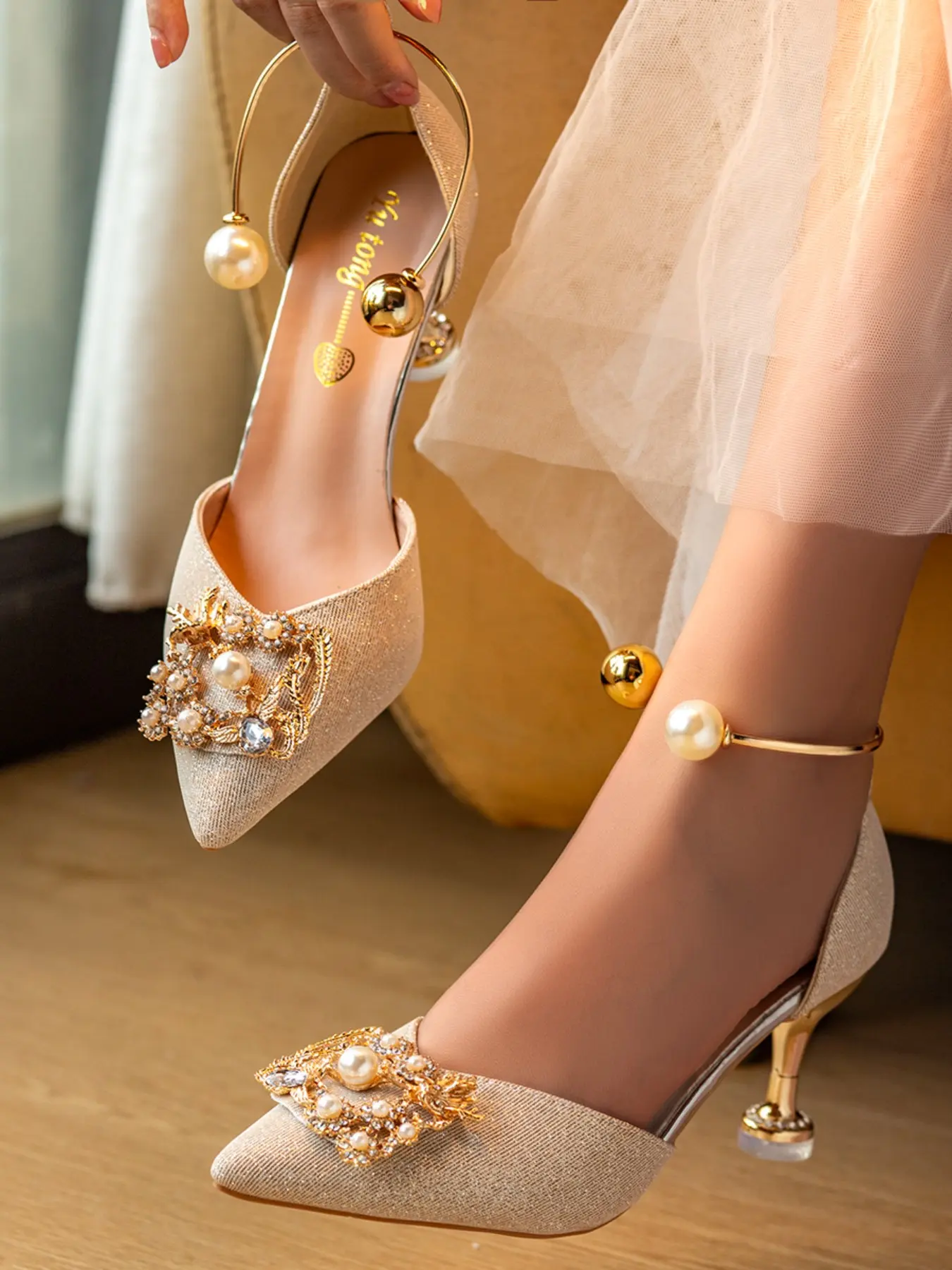 Women's Fine Heel French Knot Pearl Pattern Shoes, Sparkle Ankle Strap, Wedding Party Banquet Fashion Elegance, Ankle Strap Footwear