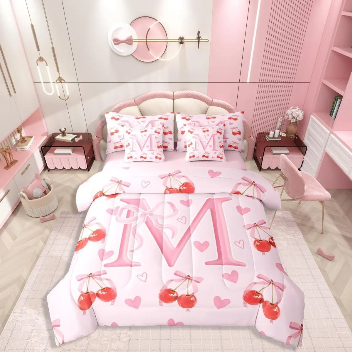 Feelyou Initial Letter M 7-Piece Monogrammed King Bedding Set - Kawaii Bow Princess-Style, Durable, Machine Washable, Includes Comforter, Sheets, Pillowcases, Shams, Cute Cherry Heart Bedroom Decor, Queen Option, Unique Bedding Sets, Princess Room