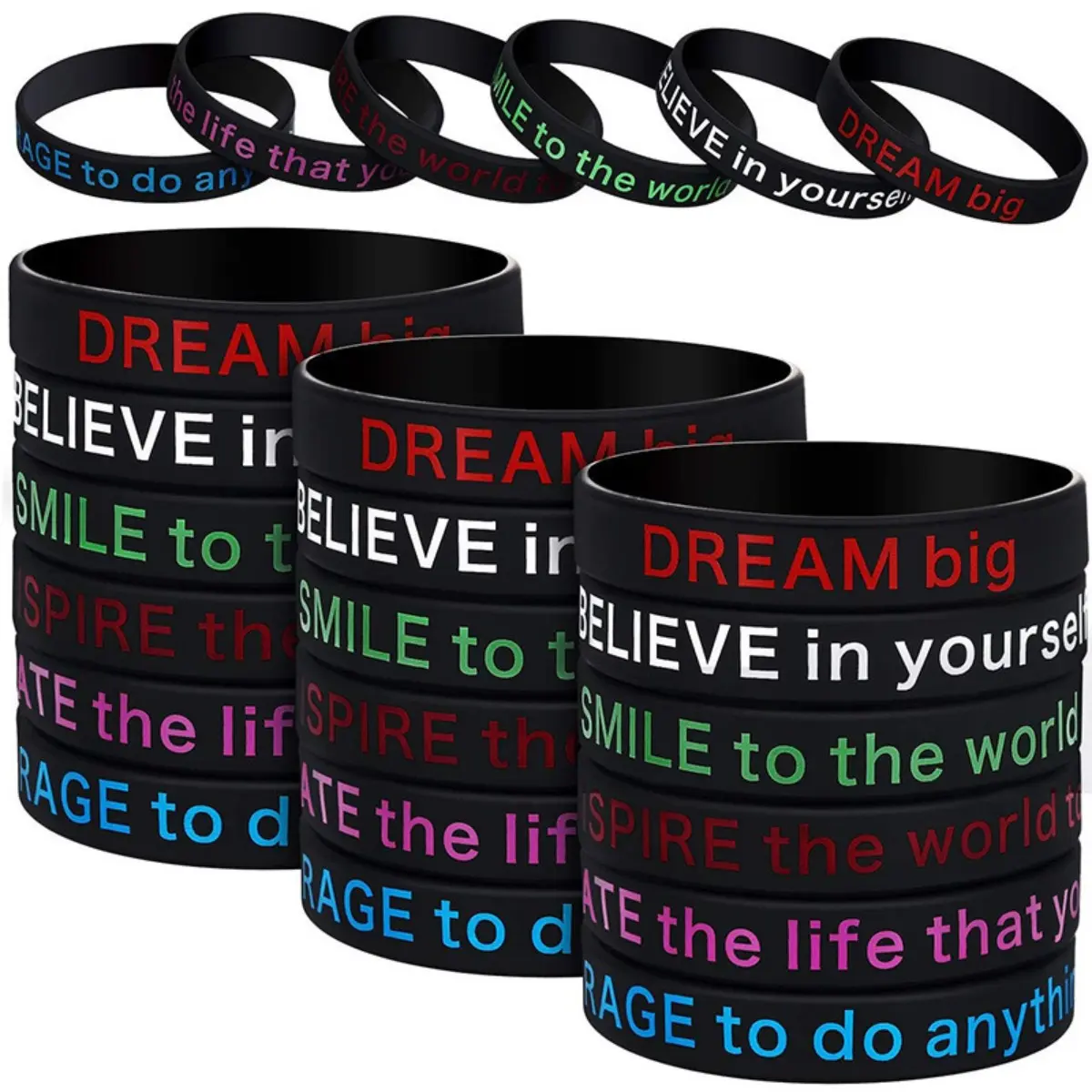 Motivational Silicone Bracelets, 6-Pack Black Printed Wristband Set for Teenage Boys, Fashionable Stackable Sports Accessories for Casual Wear, Motivation, Wristbands, Comfortable, "Dream Big" Reminder, "Believe" Message, Stackable Looks, Printed Phrases
