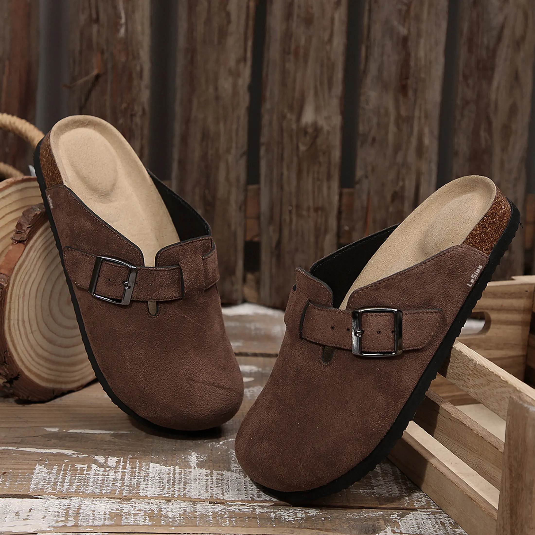 Women's Sandals Suede Cork Insole Slippers with Adjustable Buckle Slip on Mules Potato Shoes For Indoor Outdoor Activities