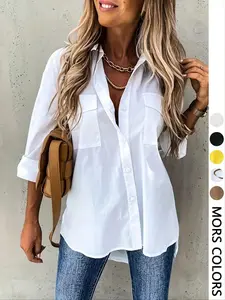 Women's Plain Button Front Pocket Shirt, Casual Drop Shoulder Long Sleeve Blouse Top for Spring & Fall, Women's Clothing for Daily Wear