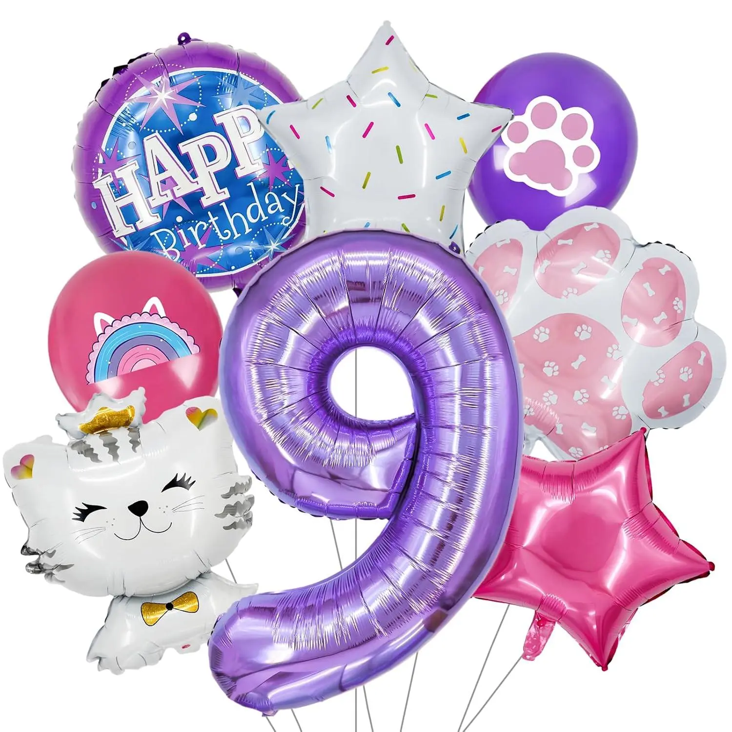 Cat-Themed Party Decoration Set: Purple Happy Balloons + Paw Prints + 40-Inch Numbers + Stars + Cat-Shaped Balloons. Birthday Party Pet-Themed Decorations. (9)