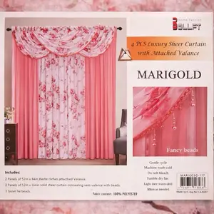 Marigold Luxury Sheer Curtain Set with Attached Valance - 2 Panels of 53"x84" Each, 2 Panels of 53"x84" Solid Sheer, 100% Polyester