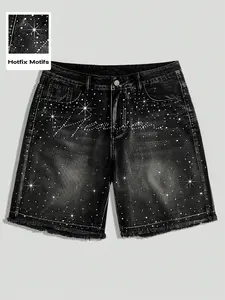 American Streetwear Summer New Blue Unique Rhinestone Loose Straight Leg Wide Leg Denim Five-Quarter Shorts