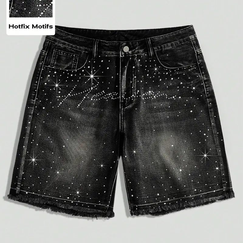 American Streetwear Summer Denim Five-Quarter Shorts, Black/Retro Blue, Unique Rhinestone Loose-Fit Wide-Leg Design, Bottoms