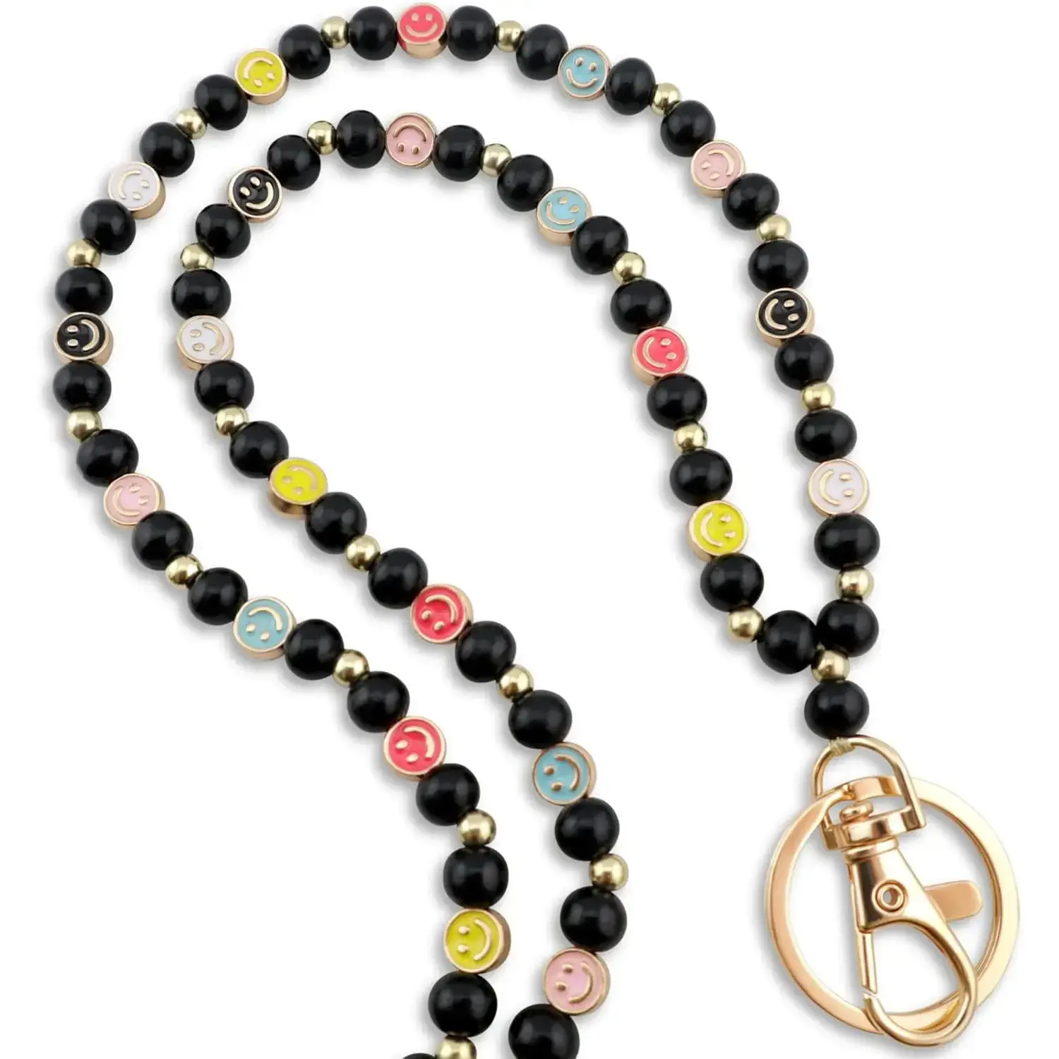 Women's Cute Smile Lanyard - ID Holder for Badges, Name Tag Lanyard, Badge Accessory with Wood-Metal Beads for Keys, Cute Lanyards For Id Badges, Id Holders For Badges