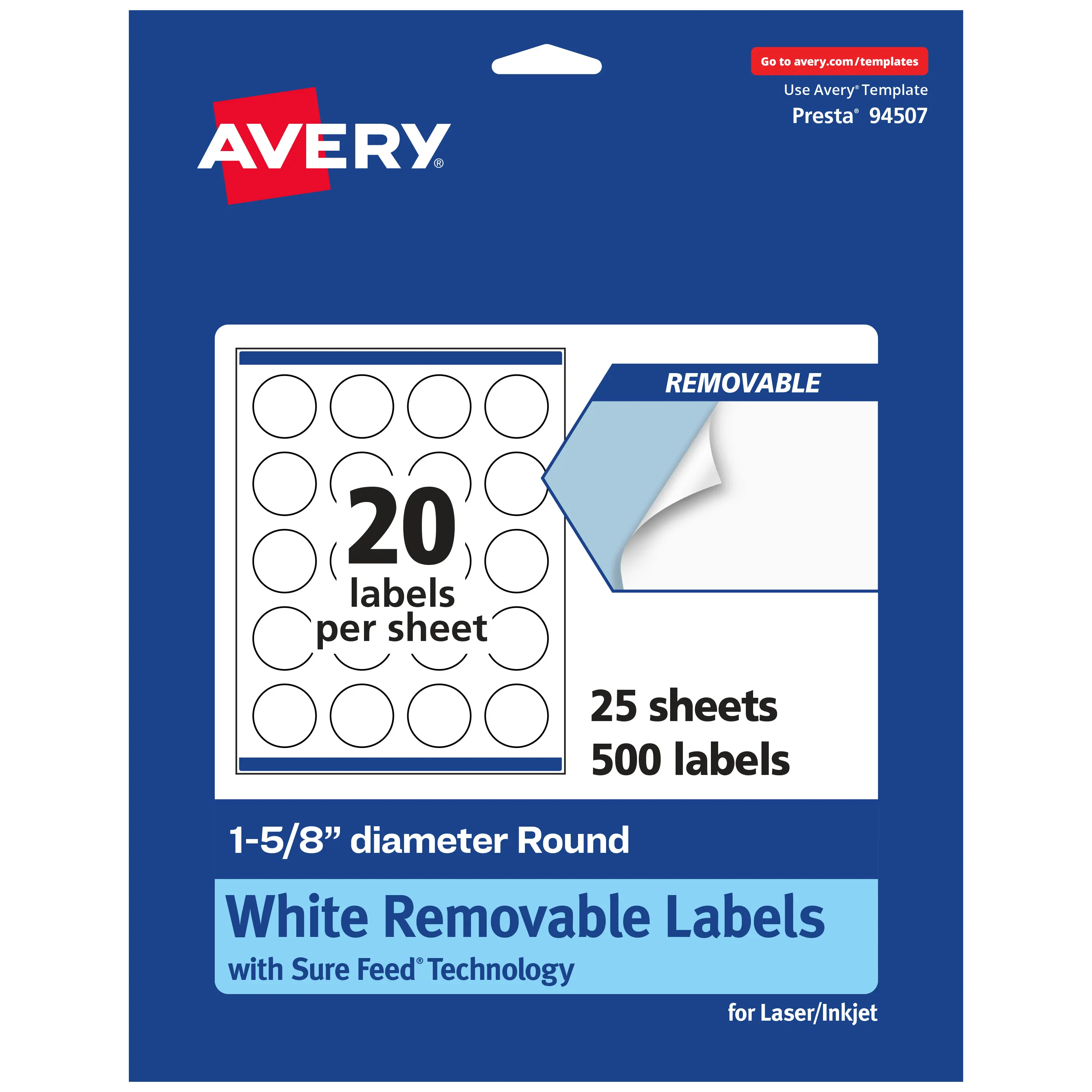 Avery Matte White Removable Round Labels with Sure Feed Technology, Print-to-the-Edge, 1-5/8" diameter