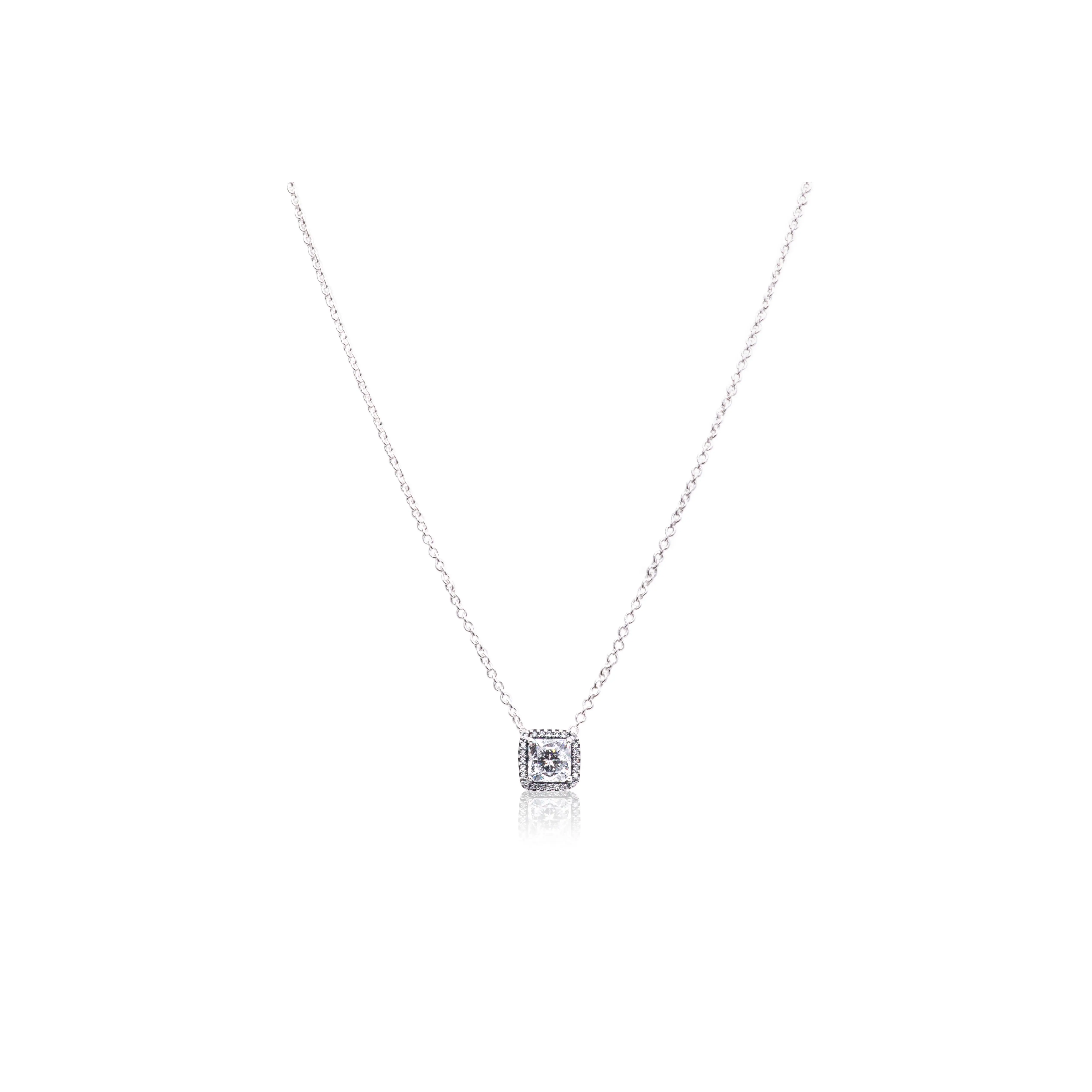 PANDORA Timeless Elegance Sterling Silver Halo Necklace, Square Cut Cubic Zirconia Centerpiece, Collar Length, Plain Silver Necklaces & Pendants, Everyday