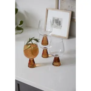 Ikoyi Drinkware Set of 4 - Red Wine Glass & Champagne Flute Handmade Soda Glass with Clear Bowl & Flared Amber Stem for Bar Cart or Open Kitchen
