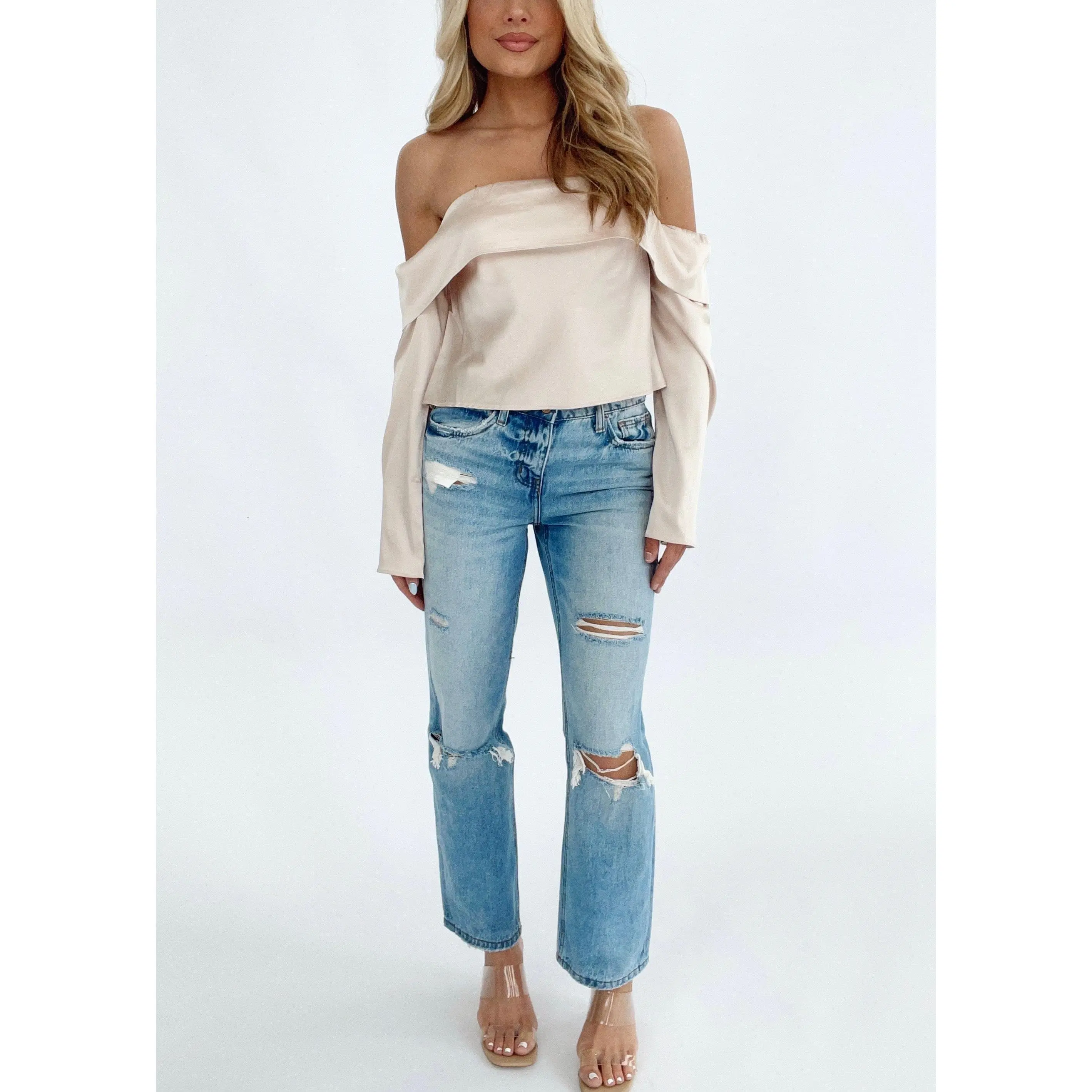 Minimalist Lady Jeans, Women's High Waisted Straight Leg in Medium Wash 100% Cotton Distressed Denim, Fabric