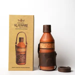 Klayware Organic Handcrafted Natural Terracotta Clay Water Bottle 600ml with Cow Leather Bag - Eco-Friendly Reusable Sustainable Artisanal Craftsmanship - Drinkware