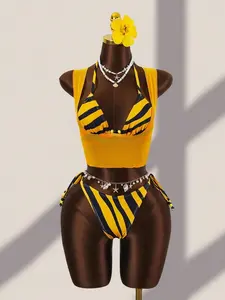 Zestiva Women's Yellow Summer Casual Beach Holiday Vacation Holiday Halter Tie Beaded Decor Backless Bikini 3 Pieces Set Outfits Rave Two Piece Set