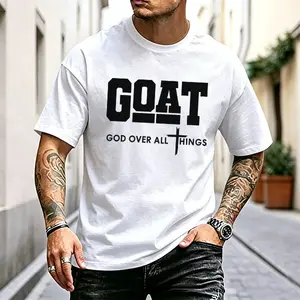 Men’s religious “God Over All Things GOAT” cross graphic tee, Christian-inspired print short-sleeve T-shirt, comfortable cotton-blend casual top for Sunday service, BBQ parties, and everyday street style