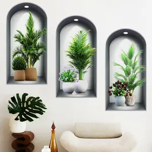 3-piece set, Nordic green plant themed simulated arched window flower basin wall sticker, self-adhesive removable decorative sticker, Wall Art Stickers, suitable for wall decoration in living rooms, dining rooms, and study rooms
