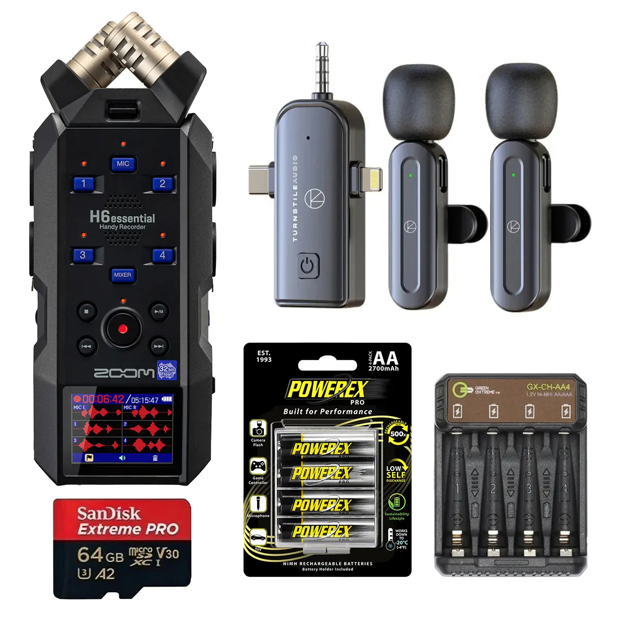 Zoom H6 Essential 6-Track 32-Bit Float Portable Audio Mixer LCD Handy Recorder Bundle for Recording - Lavalier Microphone, 64GB microSDXC Card, 4x AA NiMH Batteries, Android-Compatible Charger, Remote-Ready Device