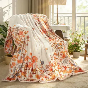 Floral Flannel Blanket for Women Girls Dorm Boho Decor, Small Throw Blanket for Couch Bed Chair Cover, Decorative Flannel Blanket Throws Mom Gift Spring Home Decor,Orange Wild Flower