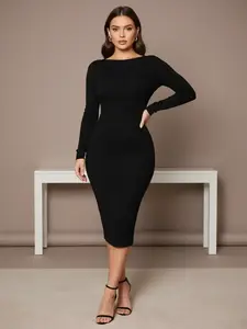 Women's Solid Backless Bodycon Dress, Fashion Long Sleeve Boat Neck Long Dress for Party Club Dating Wear, Women Dress for Fall