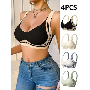 4pcs Plus Size Deluxe Anti-Gravity Lifting Bra - Closed Double Breasted Front, Comfortable & Breathable Light Beige-Friendly Seamless Design with Striped Pattern & Ruched Edges - Easy to Store for Sports & Casual Attire, Lifestyle Apparel, Vneck Bra, High