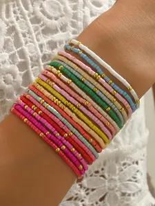 18 Piece Boho Colorful Beaded Bracelets Set, Trendy Beach Vacation Style, Plastic Material, All Seasons, Plain Pattern, Bohemian Bracelets, Boho Style Bangles