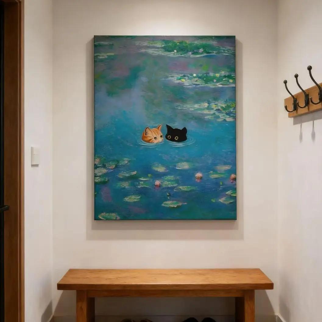 Black and Orange Cat Print Monet Waterlily Funny Wall Art Poster for Home Valentines Day Decor