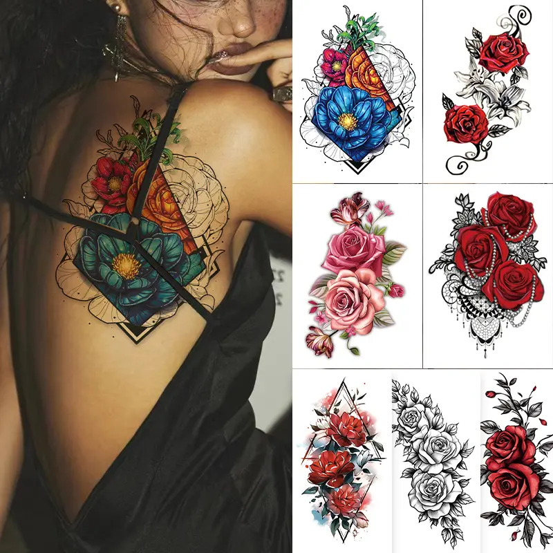 Temporary Tattoos for Women Female, 7-Pack Large Big Fake Tattoos, Long-lasting Flower Tattoos, Floral Design Variety Pack Realistic Tattoos 3D, Sexy for Body Arm Chest Shoulder Thigh