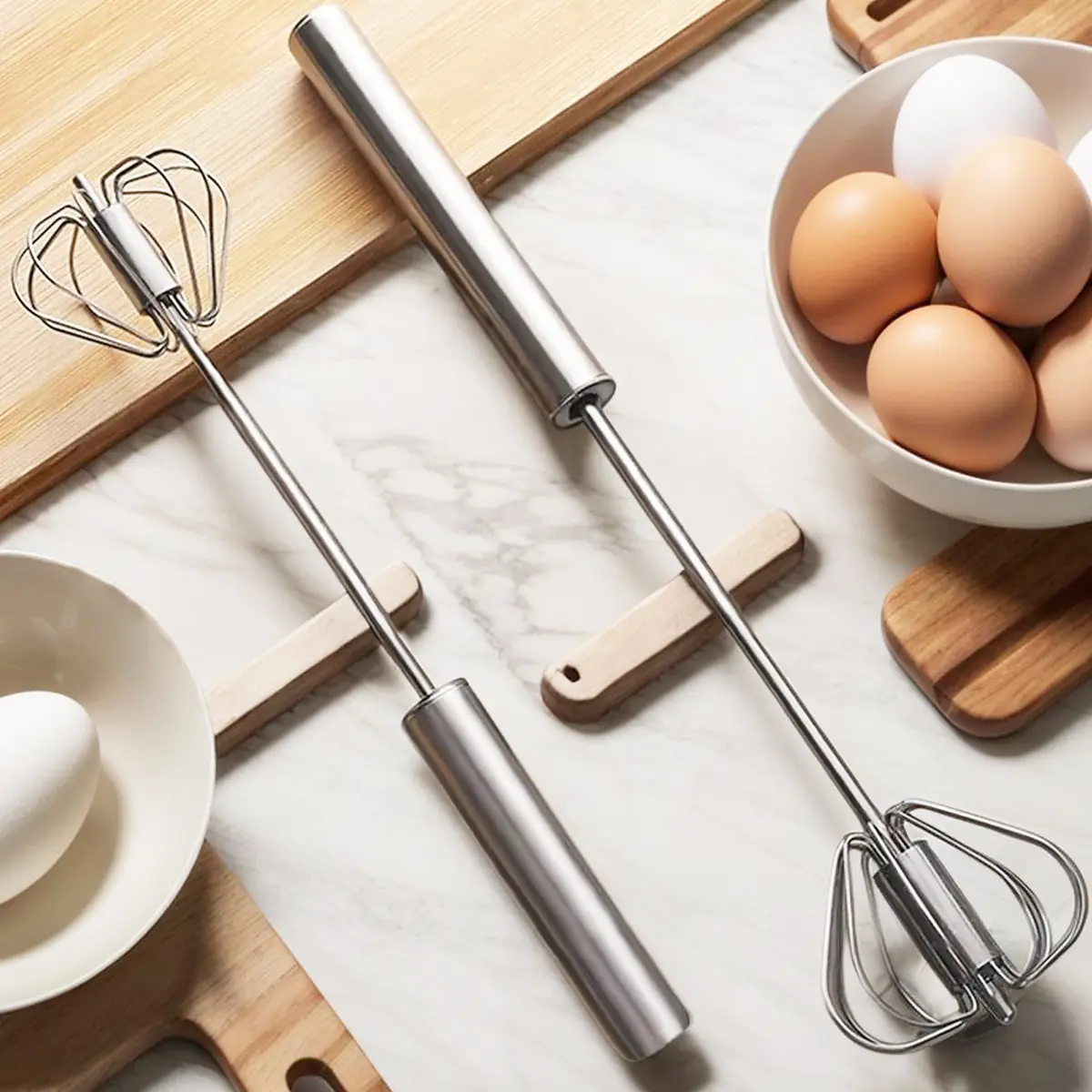 Kitchen Baking Utensils 2-Piece Stainless Steel Manual Mixer Set - Hand Whisk with Handle, Bakery-Style Beaters, Lightweight, Battery-Free, Compact, Adjustable Speeds for Egg Mixing Beginners, Cooking
