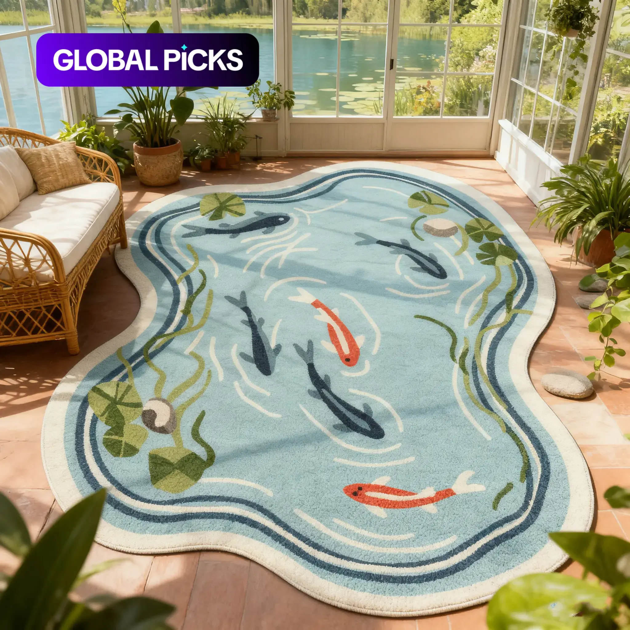 New Oriental Koi Pond Irregular Shape Carpet, Balcony Sunroom Natural Plush Mat, Lotus Leaf Water Grass Fish Pattern Home Decorative Rug Non-Slip Rugs Thick Rug Polyester Rug