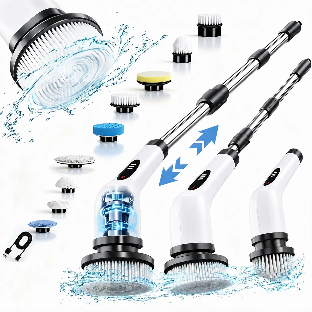 Electric Spin Scrubber, Cordless Shower Scrubber, IPX7 Waterproof Power Scrubber with 9 Replaceable Brush Heads, 5 Speed Electric Cleaning Brush, Extendable Handle for Bathroom, Tile, Tub, Floor, Kitchen Cleaning.sohochic