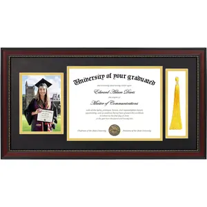 11x22 Diploma Frame with Tassel Holder for 8.5x11 Certificate and 5x7 Photo with Black over  Mat,  Glass, Mahogany with  Beads, 1 Pack