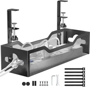 Under Desk Cable Management Tray No Drill, Metal Mesh Cable Management Under Desk with Clamp Mount, 2 Hole Cable Tray with Wire Management and Cord Organizer for Home Office Standing Desk