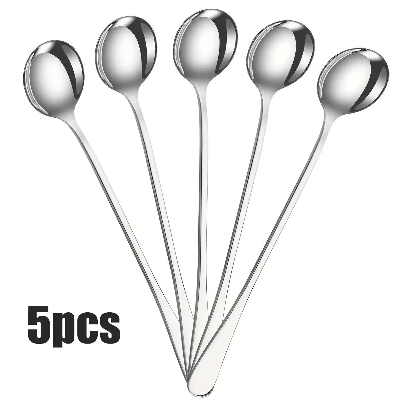 5 silver stainless steel long-handled iced tea spoons, long-handled coffee spoons, 7.55-inch ice cream spoons, Dinnerware spoons, utensils, suitable for home, tea party, restaurant, mirror polished, dishwasher washable