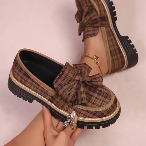 Women's Comfortable British Style Flatform Loafers, Vintage Bowknot Decoration, Slip-On Low-Top Flats, Versatile for Daily Wear, Vintage Style Shoes