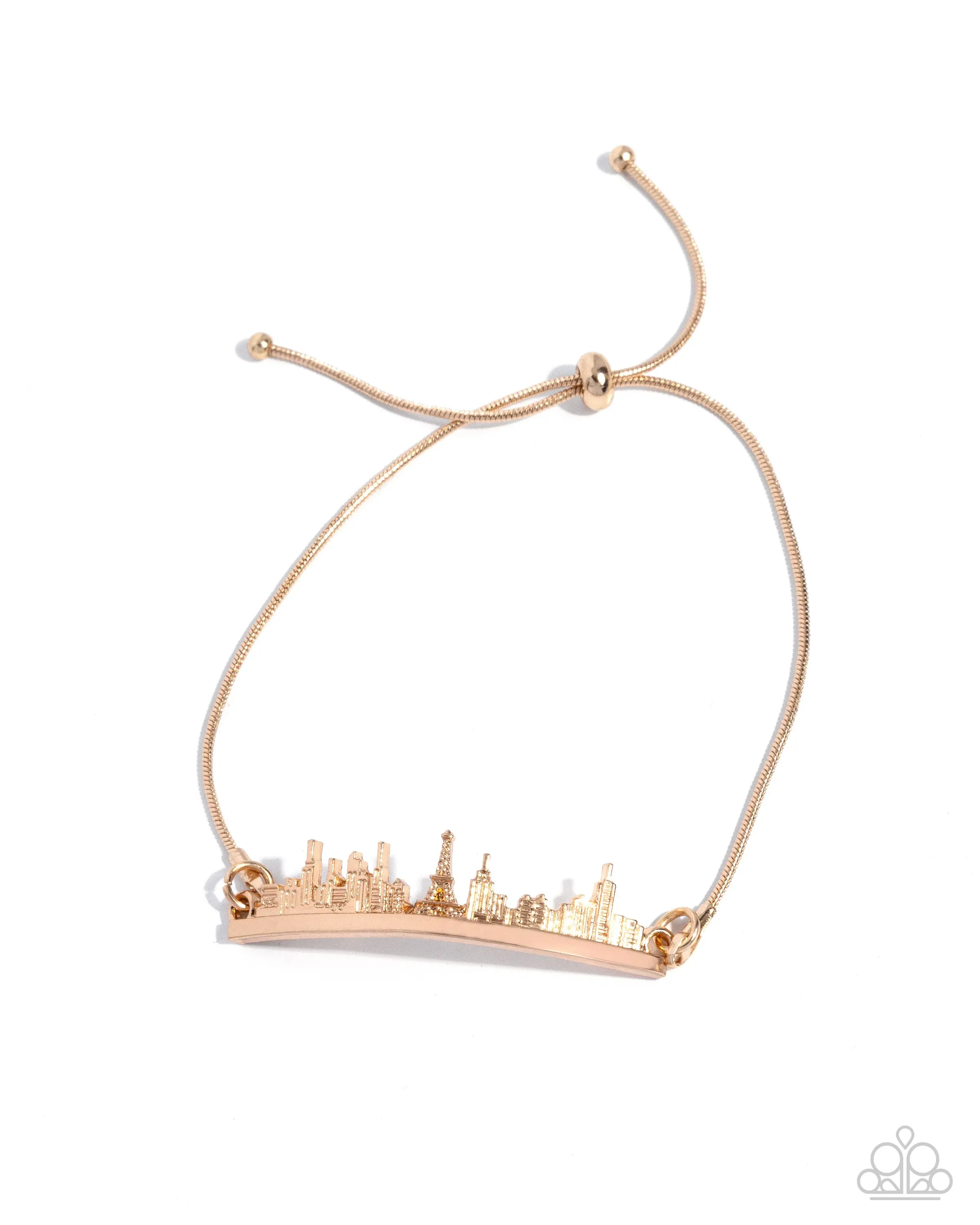 Belle Backdrop - Gold Paris City Skyline Eiffel Tower Slide Bracelet - Paparazzi