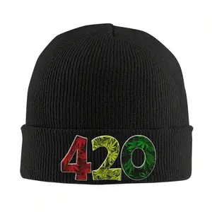 S&T 1pc 420 Rasta Colorful Leaf Design Windproof Knit Beanie Hat - Warm Ski & Autumn Winter Hat For Men & Women, Funky Unisex Cold Weather Accessory, Comfortable Headgear