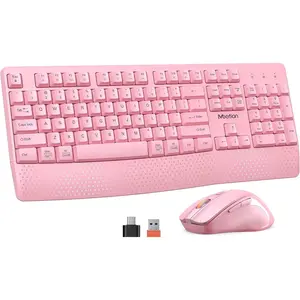 Wireless Keyboard and Mouse Combo with Wrist Rest, Full-Size Keyboard, 2.4GHz Connection, 3-DPI Adjustable Mouse, Pink
